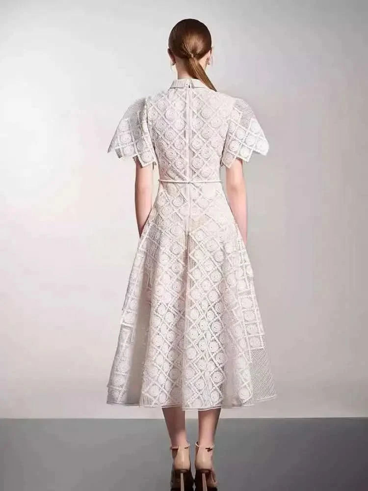 UCXQ Elegant Long Dress Fairy Style Embroidery Lace Patchwork Short Sleeve Waist Party Dresses For Women 2025 Spring Summer 9302 - M & M Global