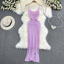 Blue/purple Summer Knit Sexy Strap Dress Women Tank Elatic Waist Bodycon Sundress Female Beach Split Backless Maxi Long Dress - M & M Global