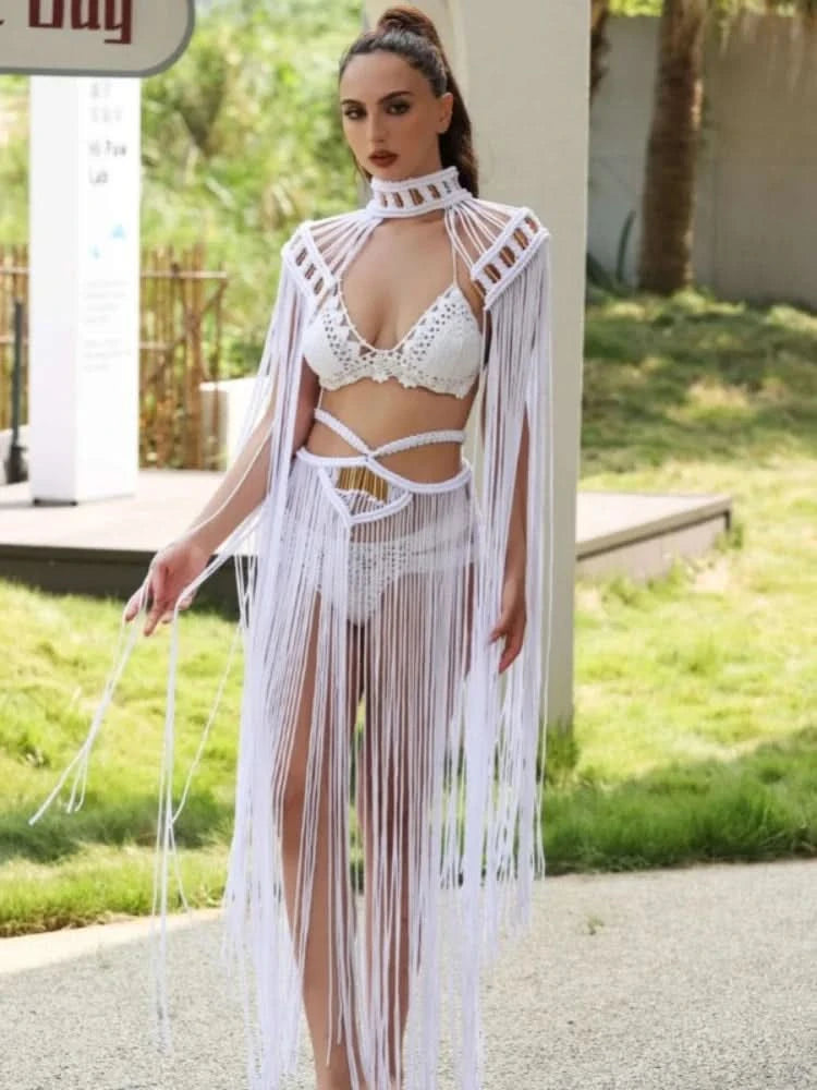 Leosoxs Tassel Hand Crochet Knitted Women Bikini Cover Ups Summer Holiday Beach Bathing Suit Sexy Hollow Out Skirts Matching Set - M & M Global