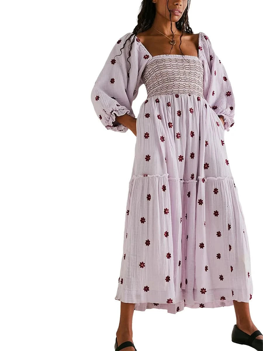 Women's Flower Embroidered Long Dress Bodycon Lantern Sleeve Square Neck Tiered Flowy Dress Bohemian Summer Beachwear Dresses - M & M Global