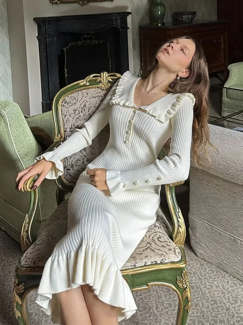 TARUXY High Waist Ruffled Maxi Dresses For Women Autumn Winter Knitted Slim Long Dress Women's Vintage Dress Woman Retro Elegant - M & M Global