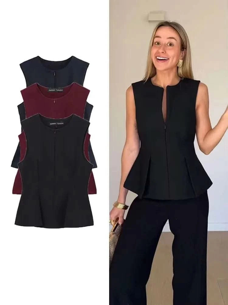 2025 Summer Women Solid Zipper Vintage Causal Sleeveless O Neck Tank TShirt Fashion Slim Pleated Vest High Street Folds Top - M & M Global