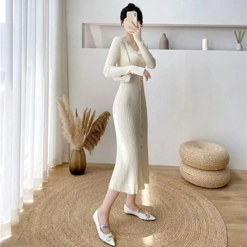 Lucyever Elegant Knitted Long Dress for Women Korean Chic Buttons Slim Fit Midi Dresses Female Streetwear V Neck Party Vestidos - M & M Global