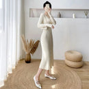 Lucyever Elegant Knitted Long Dress for Women Korean Chic Buttons Slim Fit Midi Dresses Female Streetwear V Neck Party Vestidos - M & M Global