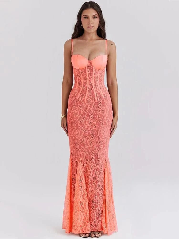 Mozision Floral Lace Sexy Maxi Dress For Women Orange Spaghetti Strap Sleeveless Backless Bodycon Club Party Long Dress Elegant - M & M Global