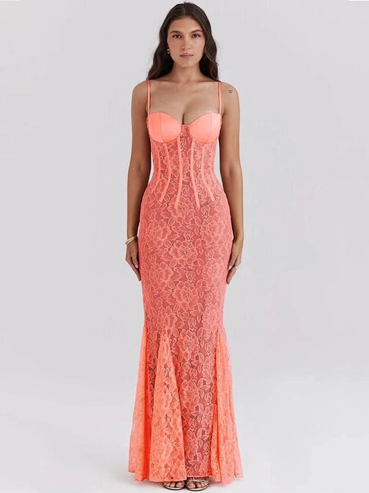 Mozision Floral Lace Sexy Maxi Dress For Women Orange Spaghetti Strap Sleeveless Backless Bodycon Club Party Long Dress Elegant - M & M Global