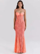 Mozision Floral Lace Sexy Maxi Dress For Women Orange Spaghetti Strap Sleeveless Backless Bodycon Club Party Long Dress Elegant - M & M Global