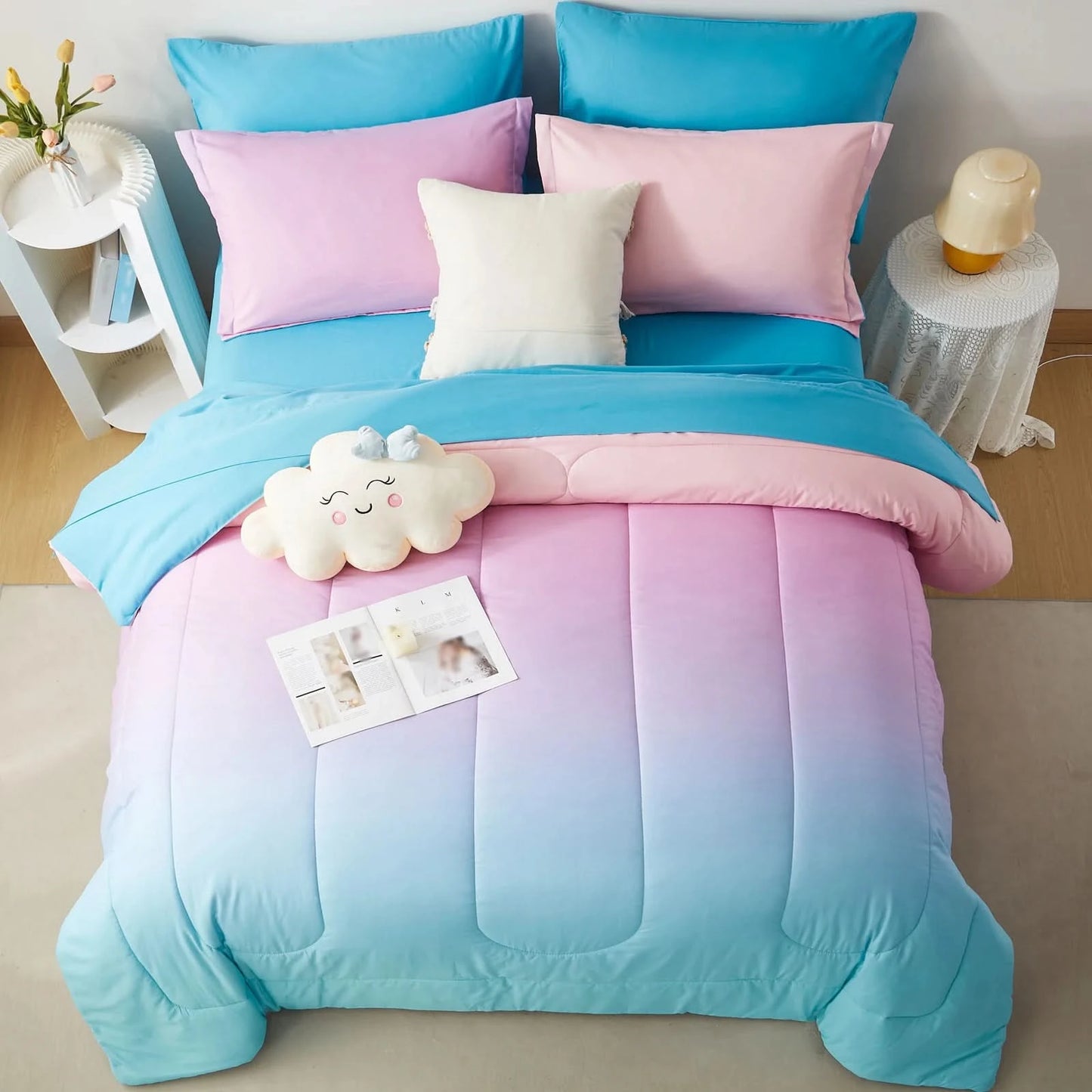 Gradient Comforter Set-7 Pieces in a Bag, Bedding Sets with Comforters,Flat Sheets, Fitted Sheet,2 Pillowcases & 2 PillowShams