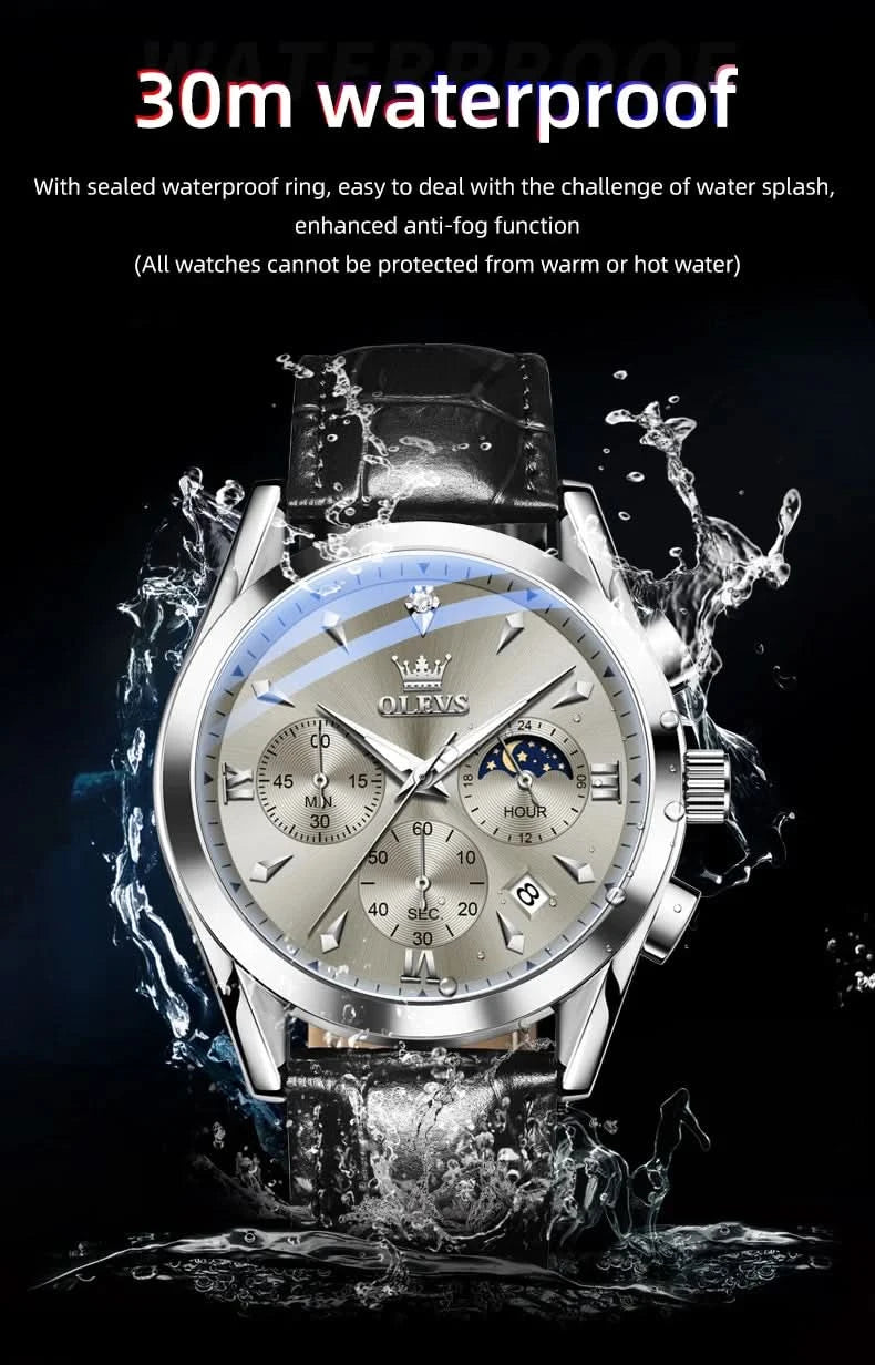 OLEVS Original Watch Leather Strap Moon Phase Luminous Quartz Watches for Man Waterproof Calendar Business Trend Wristwatch - M & M Global