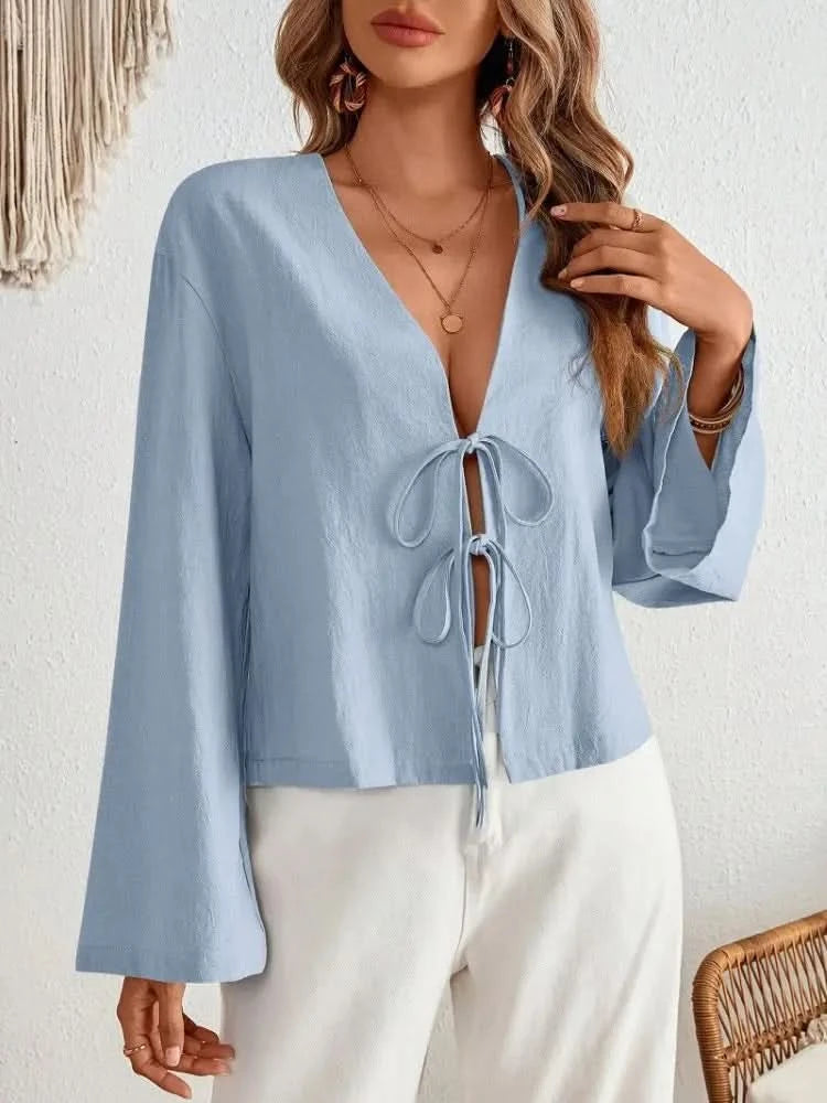 Sexy Lace Up Hollow Out Shirt Women Loose Solid V-neck Lantern Sleeve Tops Female 2024 Summer Casual Fashion Lady Short Blouses - M & M Global