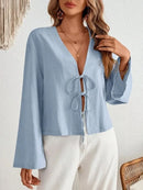 Sexy Lace Up Hollow Out Shirt Women Loose Solid V-neck Lantern Sleeve Tops Female 2024 Summer Casual Fashion Lady Short Blouses - M & M Global