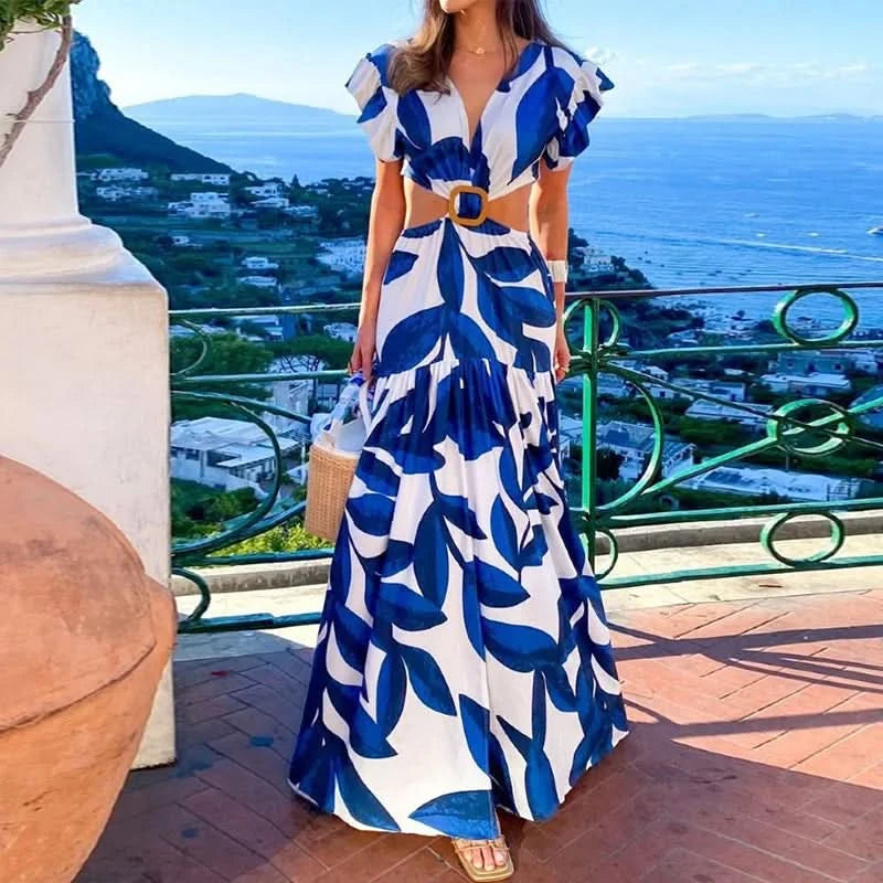 Spring Summer Women Fashion V Neck Belted Party Long Dress Sexy Printing  Boho Maxi Dresses Short Sleeve Pocket Femlae Holiday - M & M Global