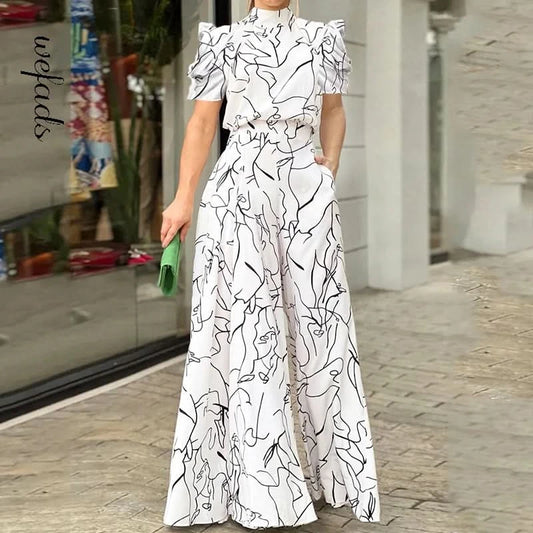 Wefads Women Jumpsuit Loose Fashion Elegant Long Pants Short Sleeve Halterneck Art Print Sets High Streetwear - M & M Global