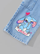 2Pcs Girls' Spring/Summer Outfit: Cute Cartoon Rabbit Print Short Sleeve T-Shirt + Elastic Waist Faux Denim Print Straight-Leg Pants, Fashionable and Playful Youthful Clothing for Girls, Suitable for Daily Wear, Home, Outdoor