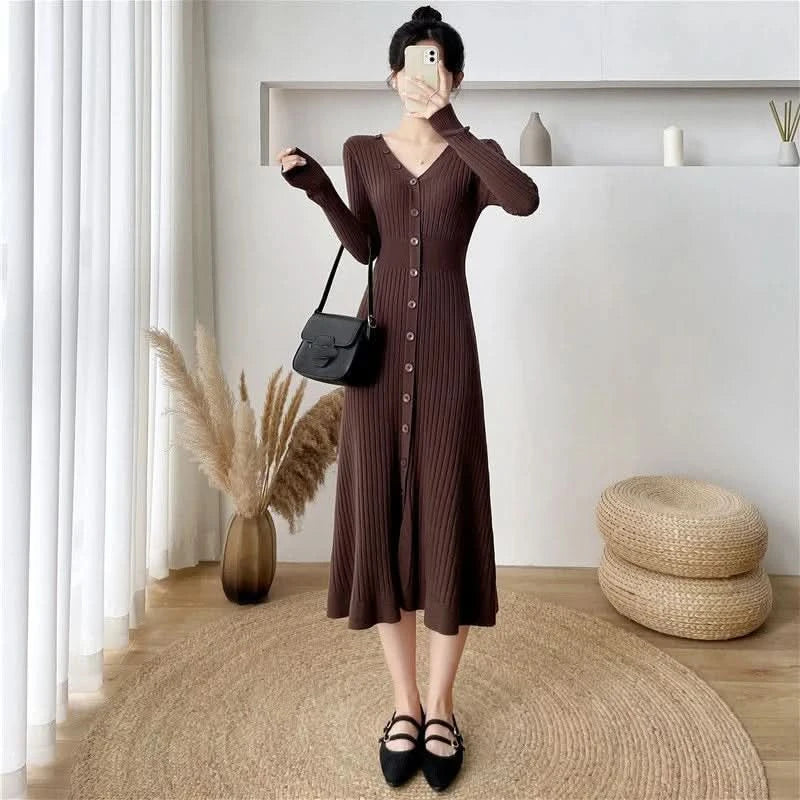 Lucyever Elegant Knitted Long Dress for Women Korean Chic Buttons Slim Fit Midi Dresses Female Streetwear V Neck Party Vestidos - M & M Global