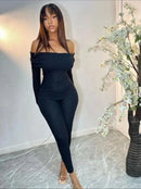 Women's Off-Shoulder Ribbed Knit Jumpsuit, Sexy Tight-Fitting Plain Romper, Fashionable Comfortable Autumn Casual Wear