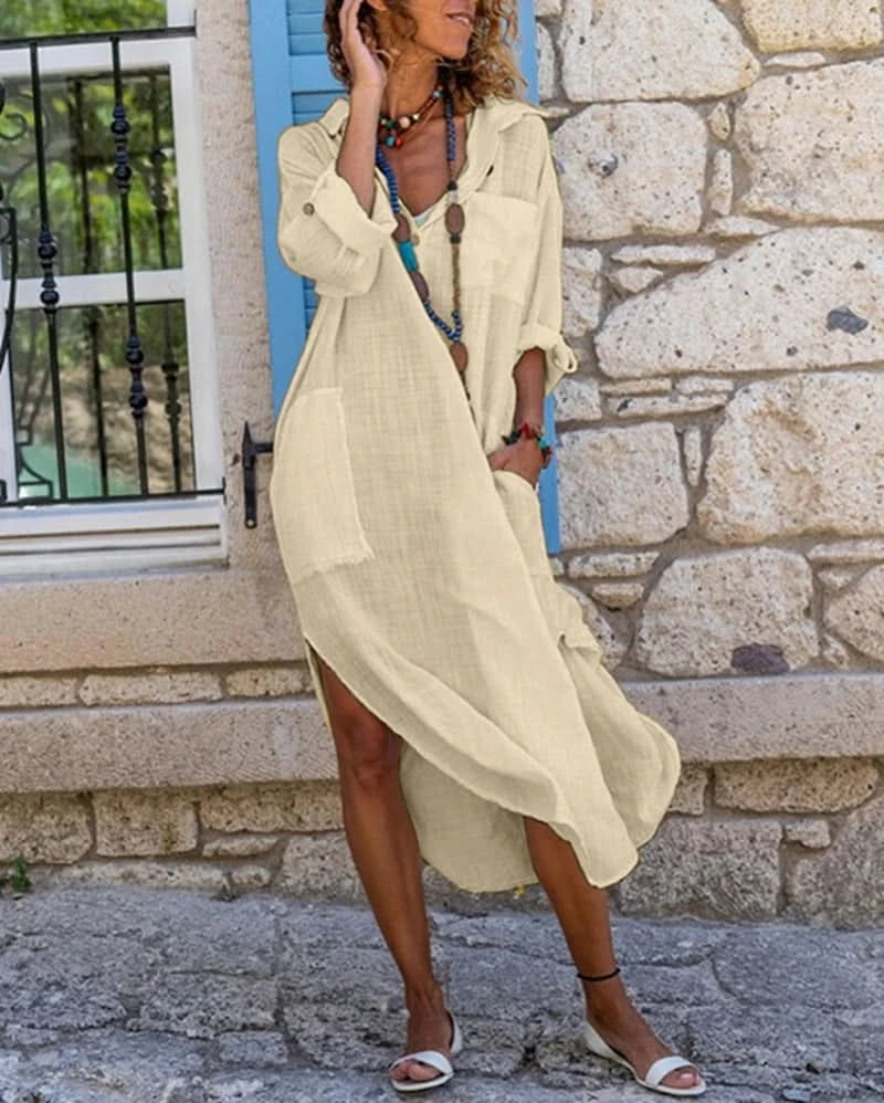 Casual Cotton Linen Loose Shirt Dress Women Summer Fashion Streetwear Split Button Long Dress White Black Beach Holiday Vestidos - M & M Global