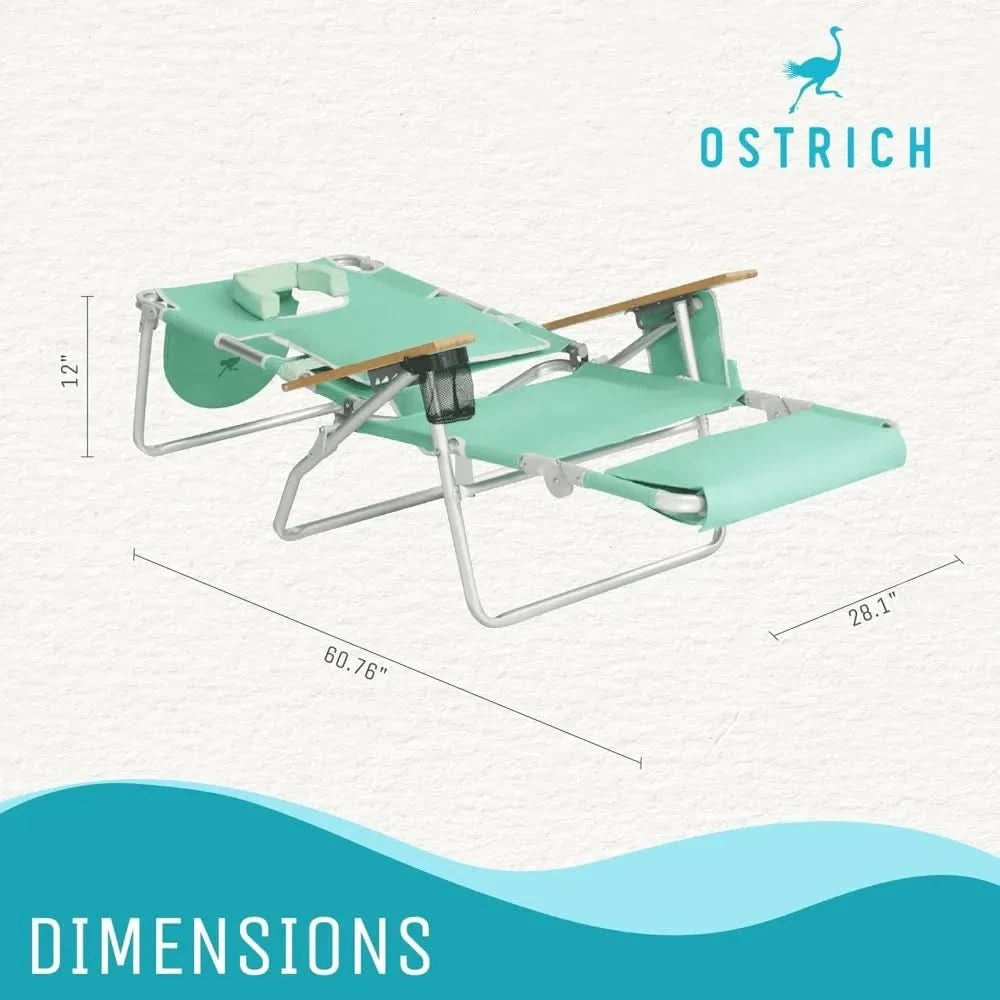 Ostrich Deluxe 3N1 Padded Beach Chair w/ Face Cushion & Arm Holes, Teal - Lightweight Folding Recliner w/ Adjustable Backrest