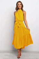 Summer Floral Print Halter Neck Dresses For Women Sleeveless Leace-up Long Dress Casual Beach Holiday Vestidos Female Clothing - M & M Global
