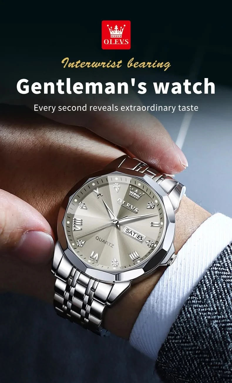 OLEVS Men's Watches Causal Fashion Original Quartz Watch for Man Waterproof Stainless Steel Luminous Date Week Trend Dress Reloj - M & M Global