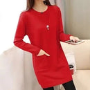 Solid Long Sweater Women Clothing 2025 New Korean Pocket Knit Sweater Dress Casual Warm Loose O neck Long sleeve Ladies Pullover