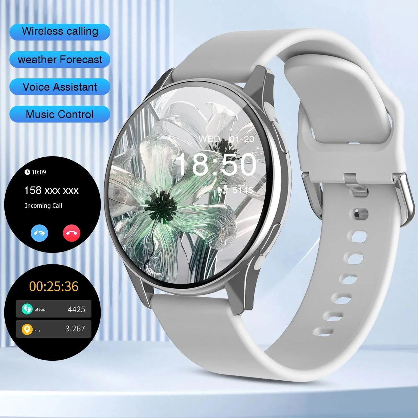 2025 new smart watch, Bluetooth call, message reminder, music playback, shutter control, weather forecast, unisex