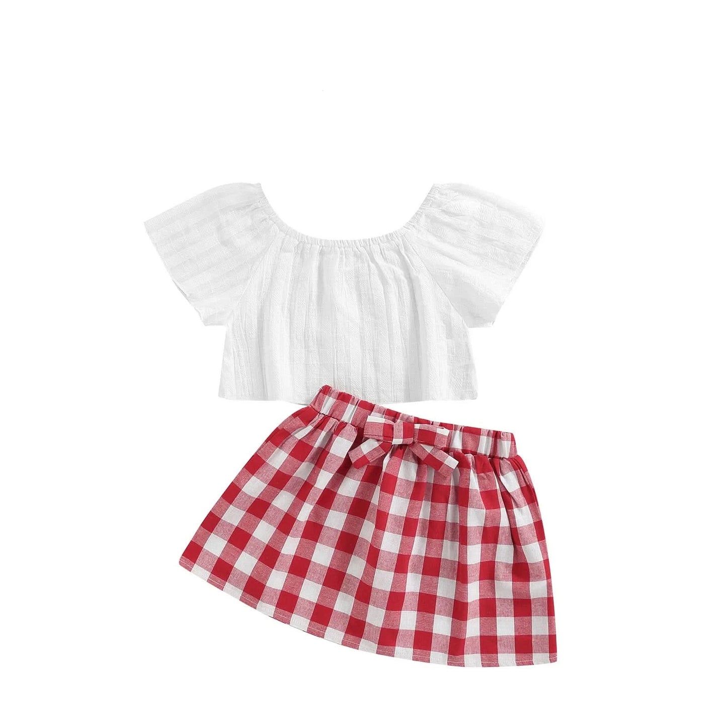 Lioraitiin 3Pcs Set 0-24M Newborn Baby Girl Clothes Cute Summer Off Shoulder Lace Tops+ Red Plaid Short Dress Headband Outfit - M & M Global