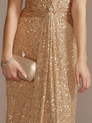 Luxury Floor Length V-Neck Evening Dress 2025 Women Elegant Party Maxi Dress Sequin Short Sleeves Prom Cocktail Gowns