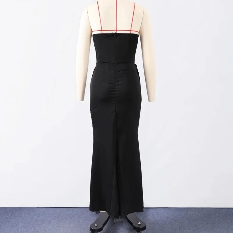Sexy Strapless Patchwork Long Dress Women Slim Sleeveless Pleated Mermaid Dresses 2025 Spring Summer Lady Evening Solid Robe - M & M Global