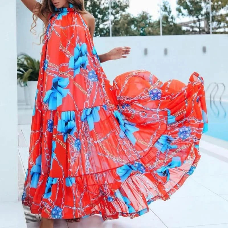 Sexy Summer Party Dress Women Fashion Bow Straps High Waist Pleated Beach Dress Chiffon Casual Floral Print Bohemian Long Dress - M & M Global