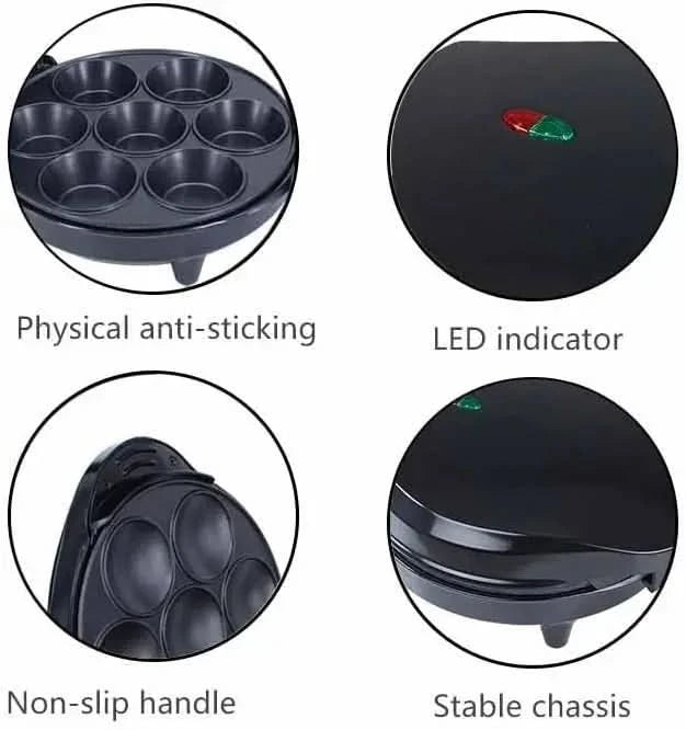 Mini Cupcake Maker, Makes 7 Mini Cakes, Non-Stick Surface, Easy-To-Clean, Perfect for Dessert, Breakfast, or Snacks, 1200W, Blac - M & M Global