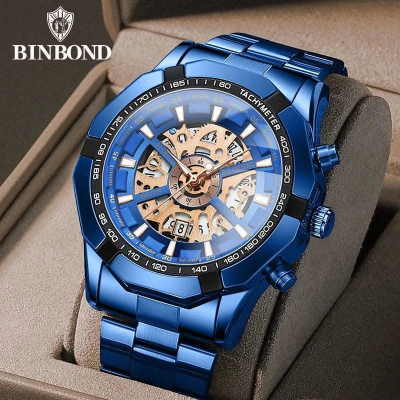 BINBOND Mens Quartz Watches Top Brand Luxury Stainless Steel Waterproof Hollow Out Blue Big Male Wristwatches Relogio Masculino - M & M Global