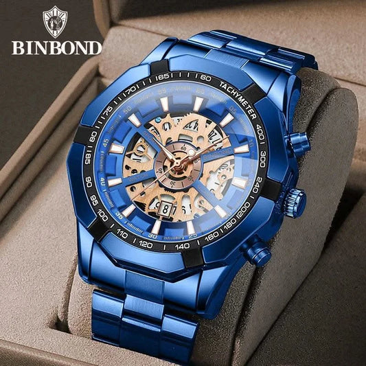 BINBOND Mens Quartz Watches Top Brand Luxury Stainless Steel Waterproof Hollow Out Blue Big Male Wristwatches Relogio Masculino - M & M Global