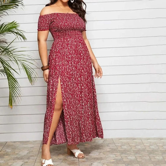 Plus Size Maxi Dress Elastic Chest Wrapped Fine Sewing Long Dress Bohemia Style Off Shoulder Long Dress - M & M Global
