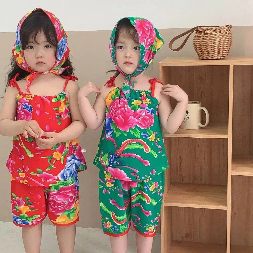 Bear Leader Summer Fashion New Baby Girl Clothes Flower Print Suspender Top+Shorts 2-piece Set Ethnic Style Children's Clothing - M & M Global