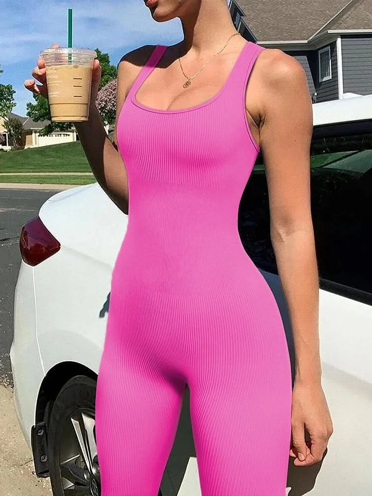 Women's Sleeveless Yoga Jumpsuit Exercise Ribbed Square Neck Vest High Waist  Fitness Sports One-piece Yoga Suit - M & M Global