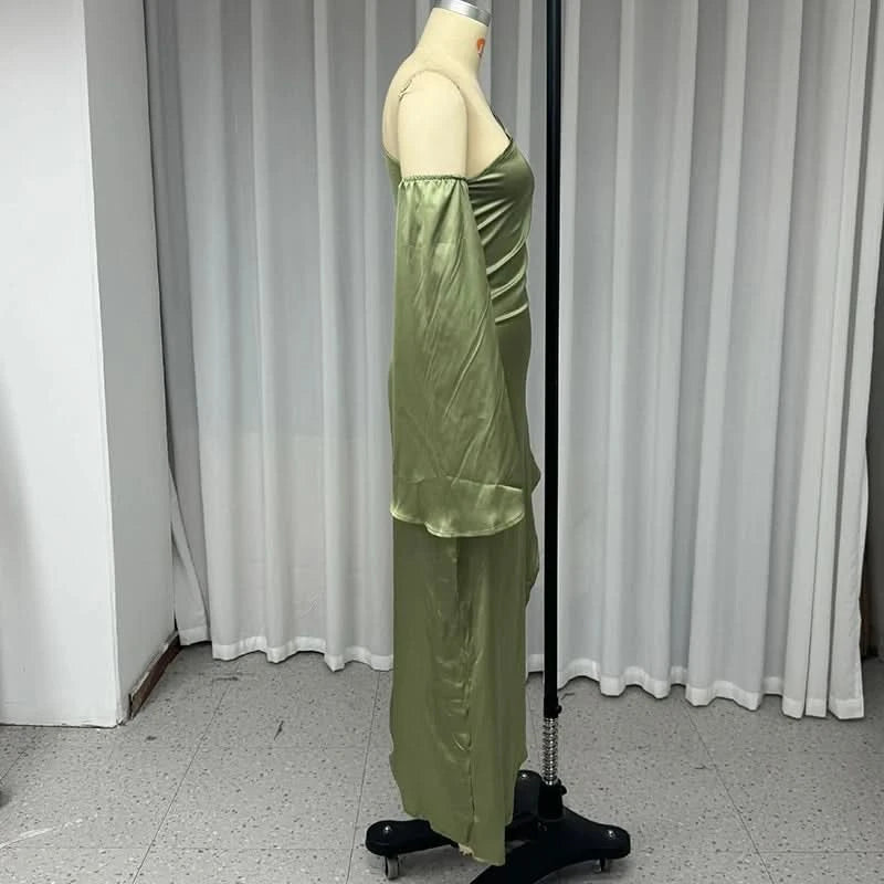 Ellafads Women Long Dress Autumn Fashion Solid Long Sleeve One Shoulder Off Shoulder Irregular Slit Satin Midi Dress Streetwear - M & M Global