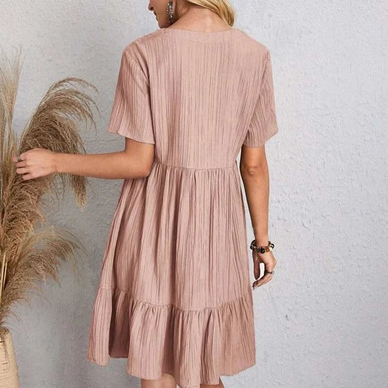 2025 Loose V-neck Short Sleeved Pleated Women Dress Solid Color A-line Beach Dresses Elegant Simple Comfortable Woman Clothing - M & M Global