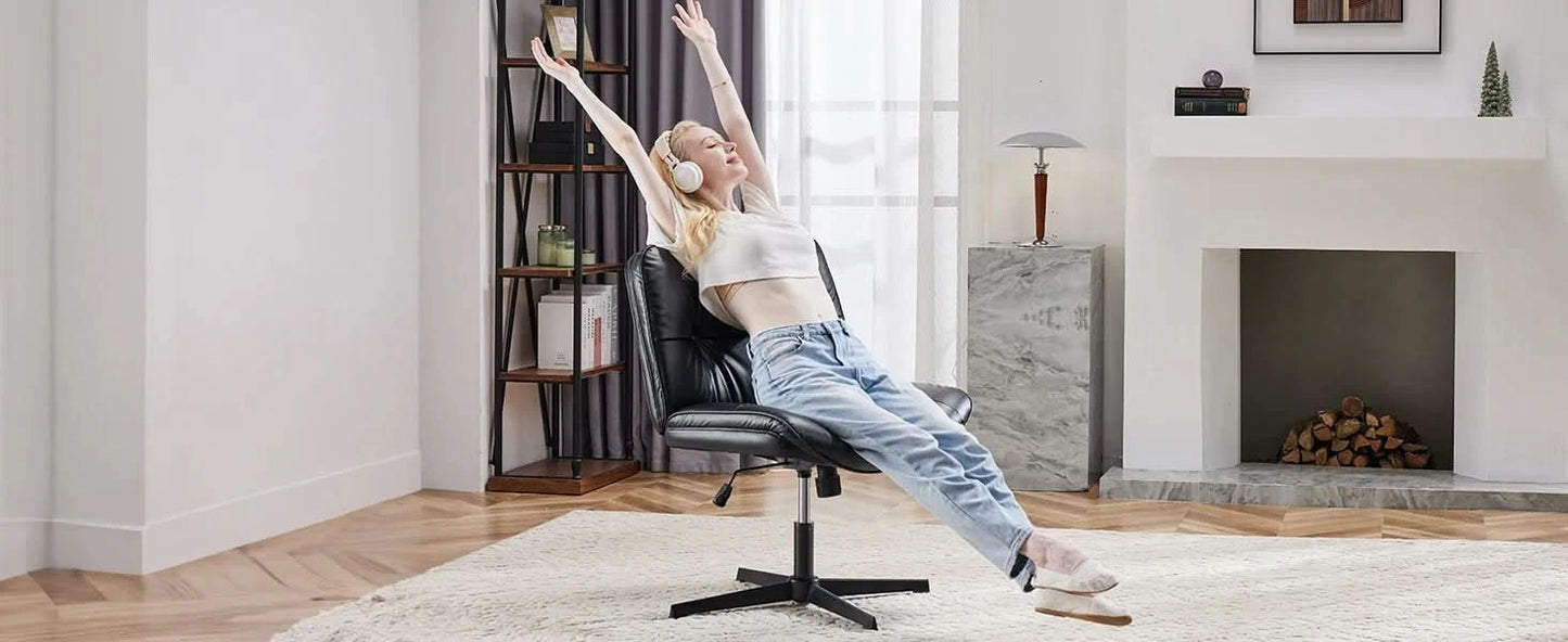 JHK PU Leather Cross Legged Office Chair Armless Desk Chair with Dual-Purpose Base Adjustable Swivel Fabric Task Vanity Home