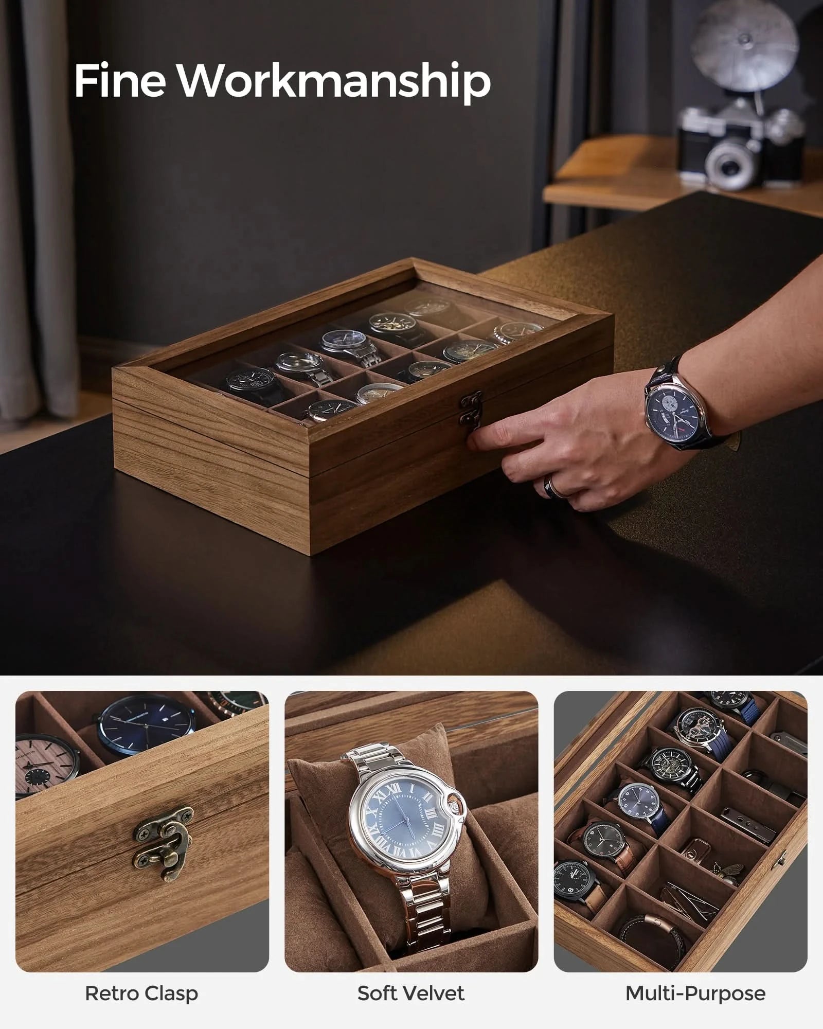 SONGMICS Watch Box, 12-Slot Watch Case, Solid Wood Watch Box Organizer with Glass Lid, Watch Display Case with Removable Pillows - M & M Global