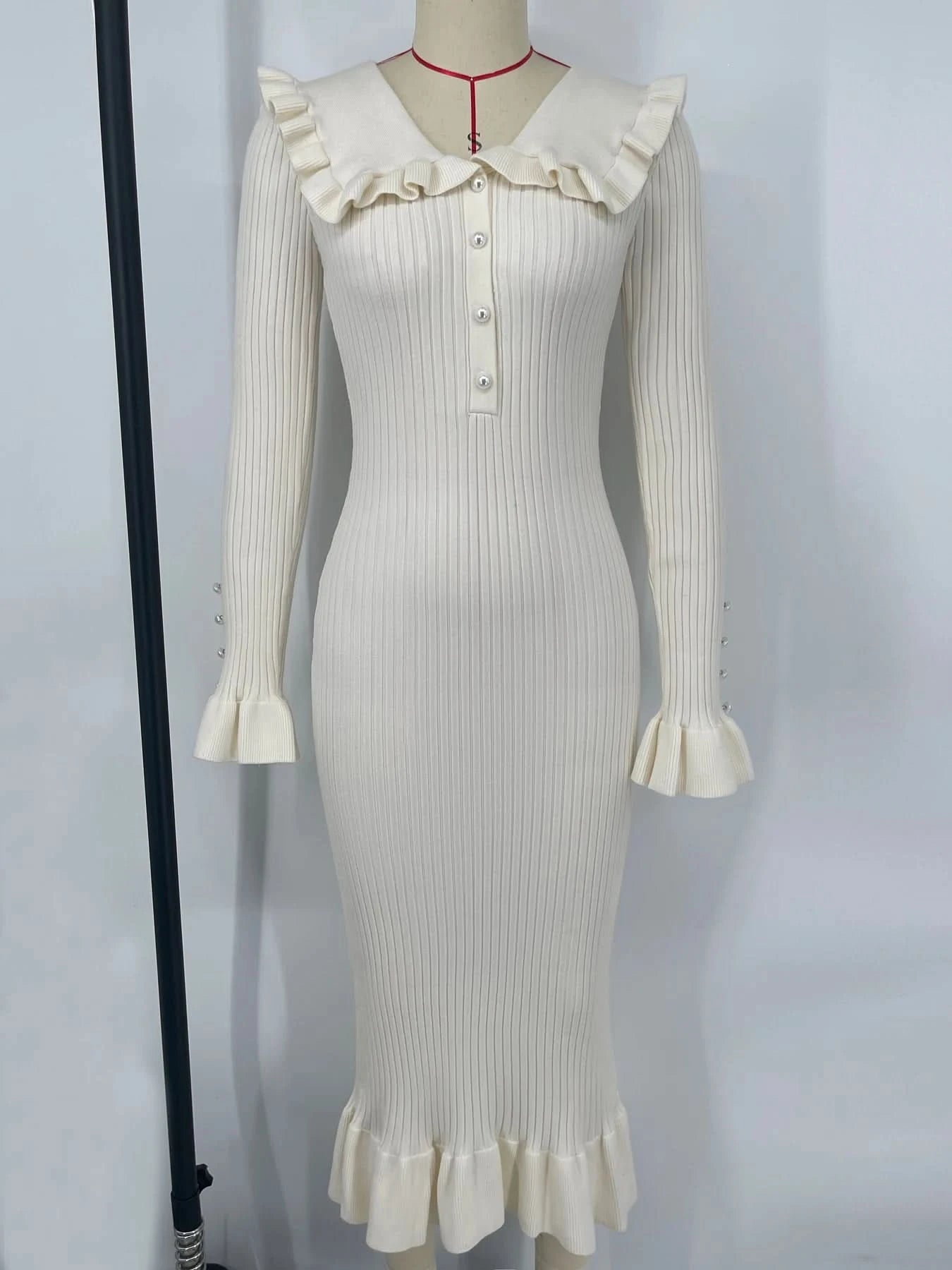 TARUXY High Waist Ruffled Maxi Dresses For Women Autumn Winter Knitted Slim Long Dress Women's Vintage Dress Woman Retro Elegant - M & M Global