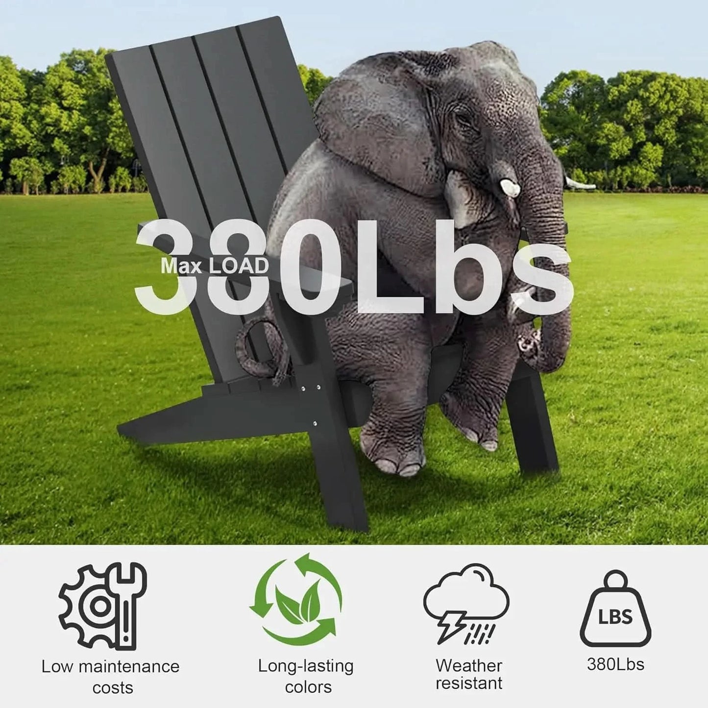 Adirondack Chair. Outdoor. Weather Resistant. Black. Oversized. HDPE. For Patio, Lawn, Garden, Camping. Easy Installation.