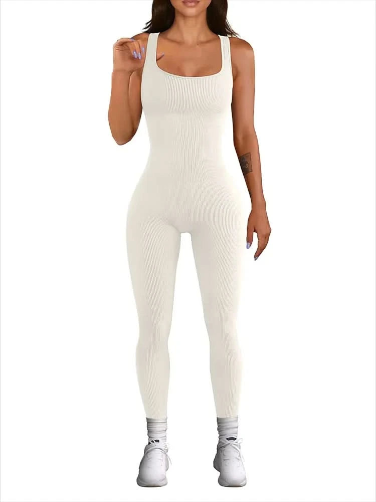 Women's Sleeveless Yoga Jumpsuit Exercise Ribbed Square Neck Vest High Waist  Fitness Sports One-piece Yoga Suit - M & M Global