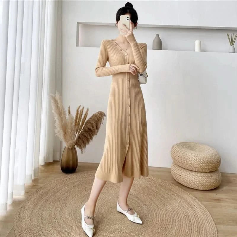 Lucyever Elegant Knitted Long Dress for Women Korean Chic Buttons Slim Fit Midi Dresses Female Streetwear V Neck Party Vestidos - M & M Global