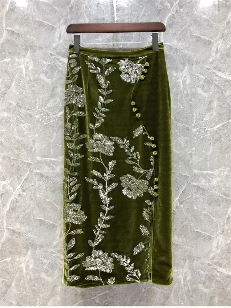 Retro Green Velvet Split Skirt Women Sequin Floral Heavy Industry High Waist A Line Long Dress Elegant Mid Length Skirt Fashion - M & M Global