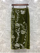 Retro Green Velvet Split Skirt Women Sequin Floral Heavy Industry High Waist A Line Long Dress Elegant Mid Length Skirt Fashion - M & M Global