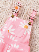 Summer Casual White T-Shirt for Girls with Daisy Print Suspenders Short Sleeve Fashion Comfortable Kids Set