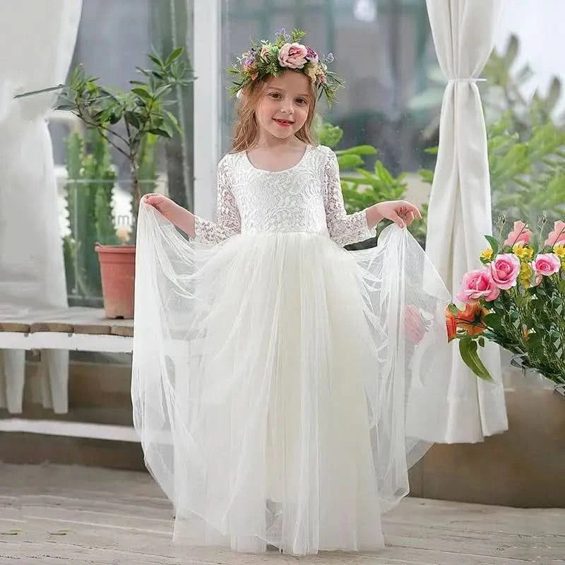 New Summer Elegant Flower Girl White Wedding Lace white girl long dress Sleeve Mesh Girl Princess Dress backless girls aged 8-12 - M & M Global