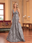 Luxury Sexy Deep V-Neck Sequins Blue Evening Dresses Women Elegant V-back Wedding Party Long Prom Cocktail Dress