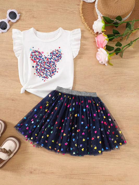 Summer toddler Girls' Clothing Sets Heart Print Short-Sleeved Tops Colorful hearts Tutu Skirt 2Pcs Outfits Valentine's Day Gift - M & M Global